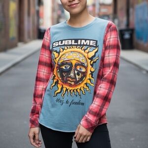 Upcycled reworked handmade sublime band tee flannel size medium pink & blue